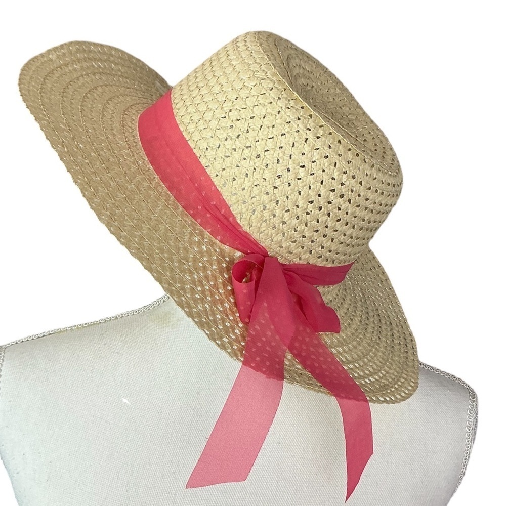 Straw Sun Beach Hat with Wide Brim Boho Chic Pink Coral Ribbon Bow Women OS - Picture 2 of 16